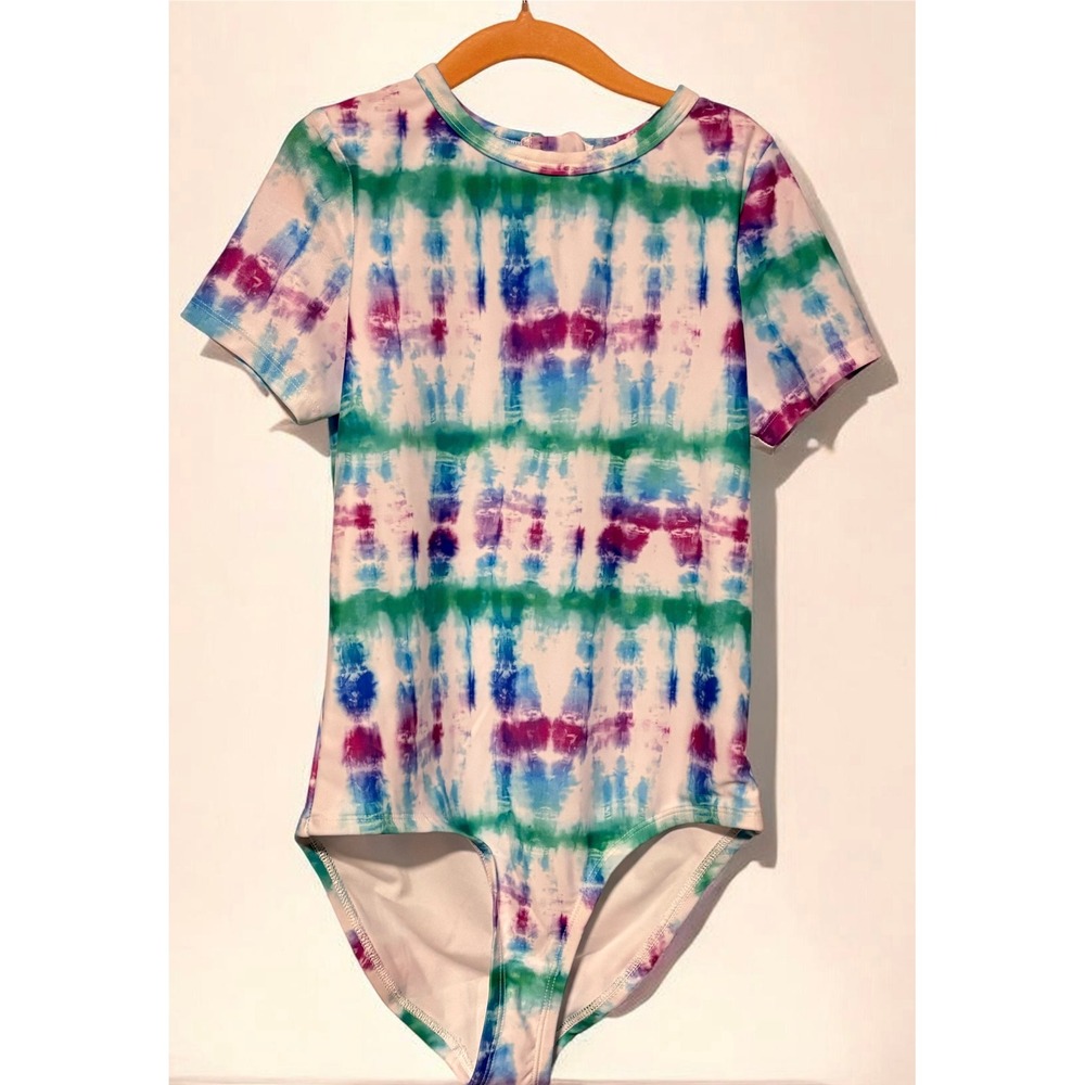 DSG Girls Short Sleeve One Piece Swimsuit Tide Dye Multi UV Protection Size L